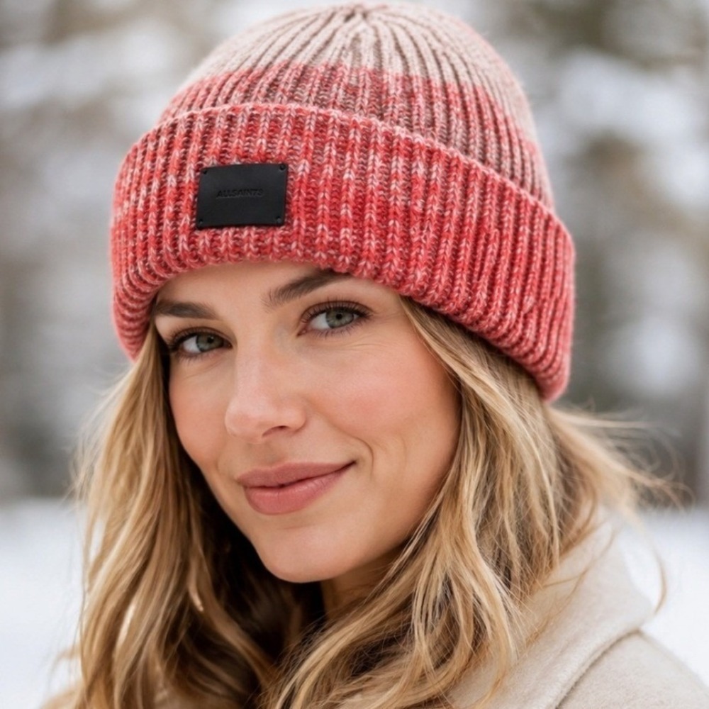 AllSaints Ombre Beanie Pink Multi Ribbed Knit Cuffed Hat New Unisex